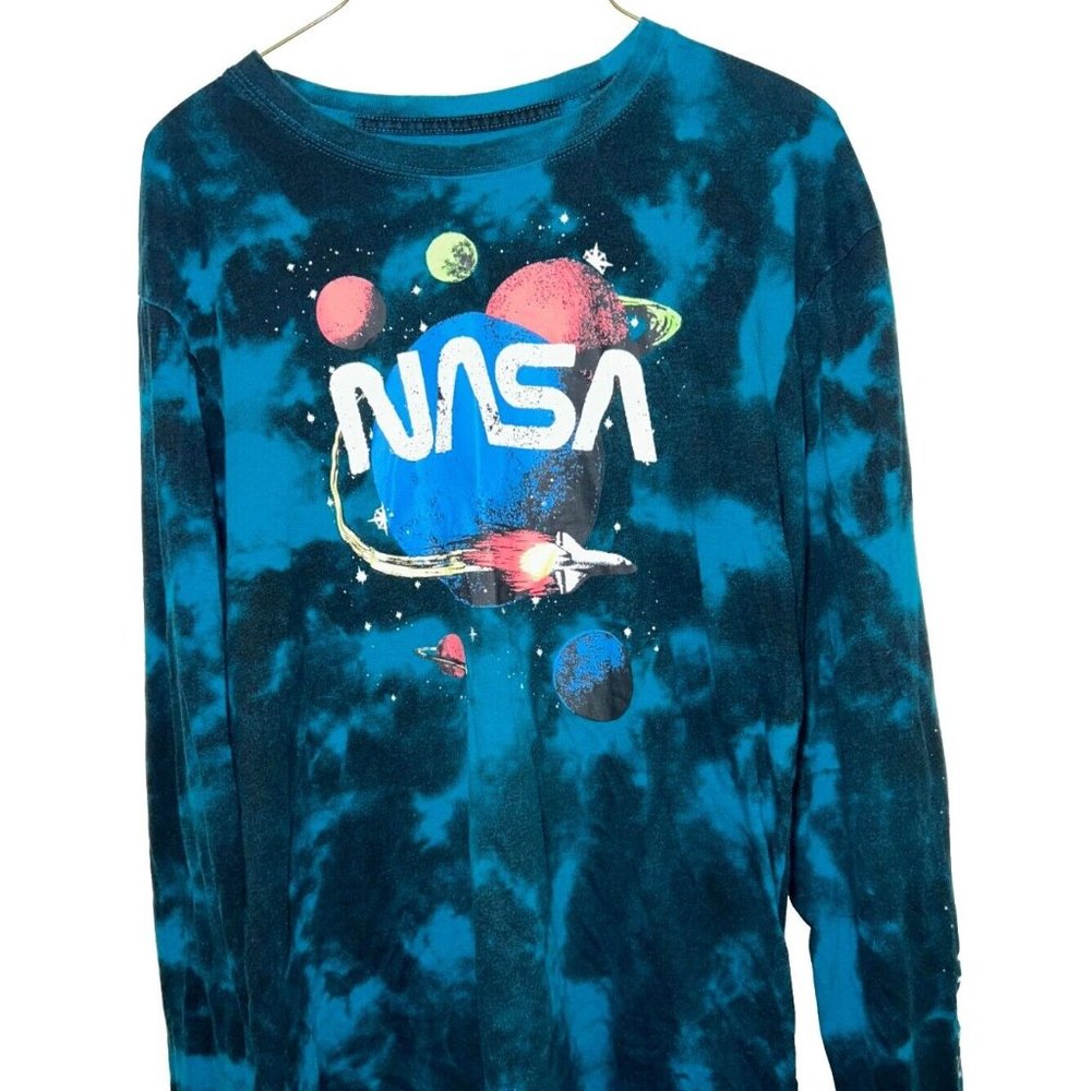 NASA FifthSun Mens Large Space Astronaut Long Sleeve Blue Tie Dye Graphic Shirt